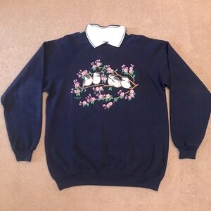 Vintage 90s Cabin Creek Sweatshirt Sweater XL Navy Birds Blossoms Grandmacore